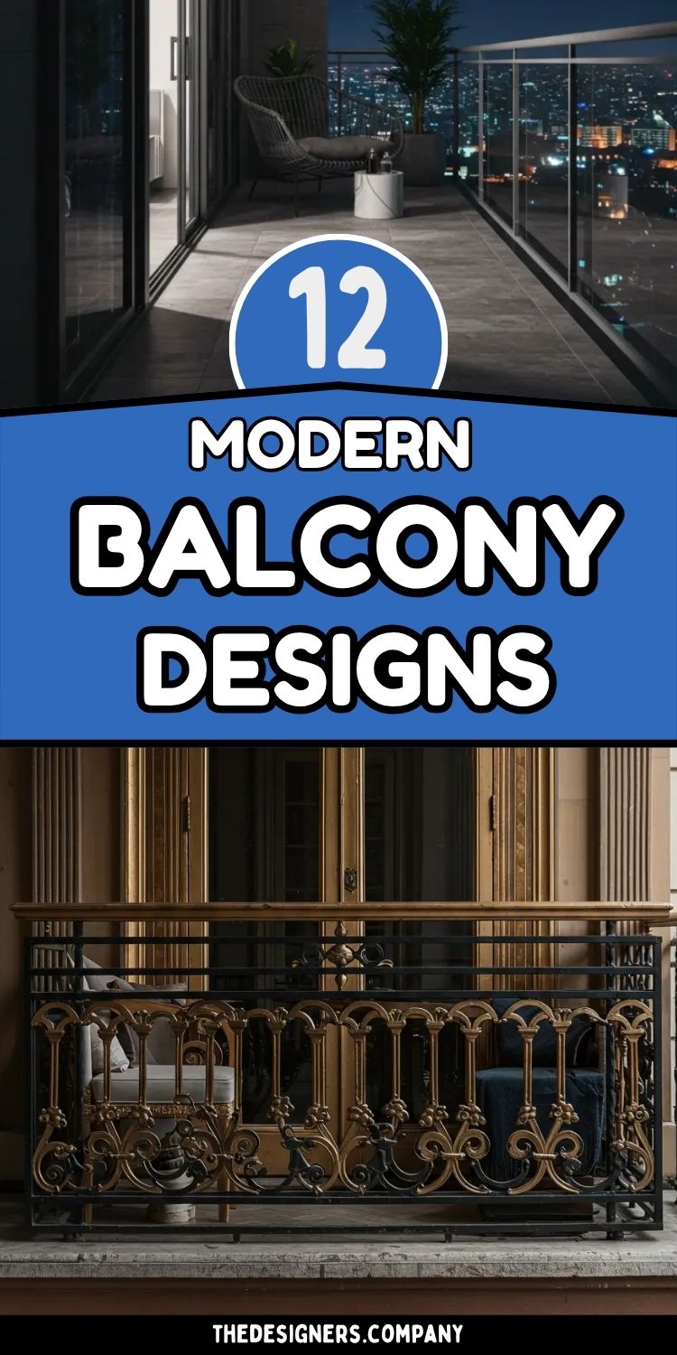 Split image showcasing modern balcony design concepts with "12 Modern Balcony Designs" text overlay. Top shows sleek nighttime balcony with contemporary chair, city skyline view, and minimalist decor. Bottom displays ornate traditional balcony with decorative iron railing and classical architectural details. Design emphasizes contrast between modern and traditional outdoor living spaces.