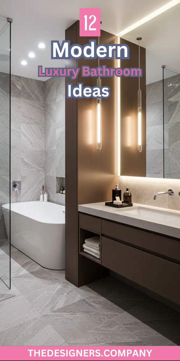 image featuring a sleek modern luxury bathroom with text overlay “12 Modern Luxury Bathroom Ideas.” The bathroom includes a freestanding white tub, gray marble tiles, and a floating vanity with underlighting and backlit vertical sconces. The style combines clean lines, high-end materials, and contemporary lighting to reflect a minimal yet elegant design aesthetic. Theme focuses on modern luxury, spa ambiance, and smart interior styling.