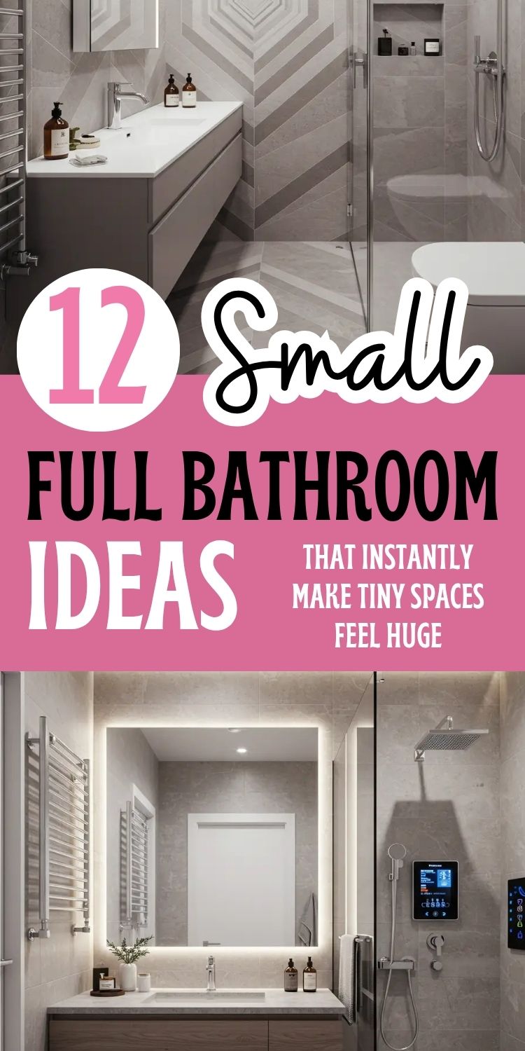 Image graphic showing modern small full bathroom designs. The text "12 Small Full Bathroom Ideas That Instantly Make Tiny Spaces Feel Huge" appears in bold black and white on a pink background. The top image shows a sleek gray bathroom with floating vanity, geometric mirror tile design, and walk-in shower. The bottom image features a minimal bathroom with a large backlit mirror, smart shower system, and neutral tile palette. Design theme highlights modern, space-saving ideas for small bathrooms.