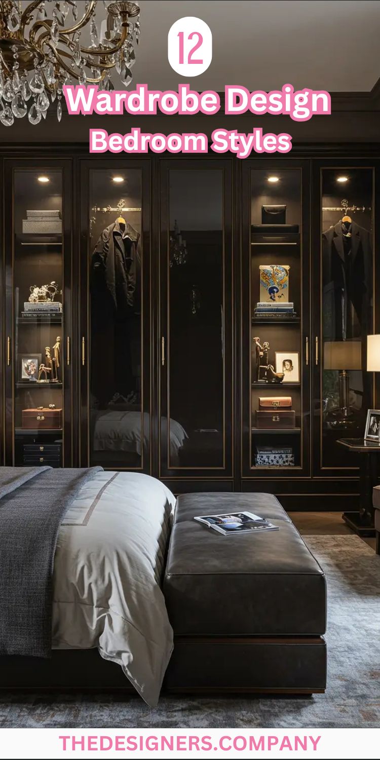 Image showcases an elegant, modern bedroom featuring a wardrobe design that combines sleek black cabinetry with integrated display shelves, offering both stylish storage and decorative space. The text "12 Wardrobe Design Bedroom Styles" is prominently displayed, highlighting various design options such as minimalist, industrial, and biophilic concepts. The wardrobe includes chic glass panels and hidden lighting, emphasizing a luxurious, functional approach to bedroom organization and design.