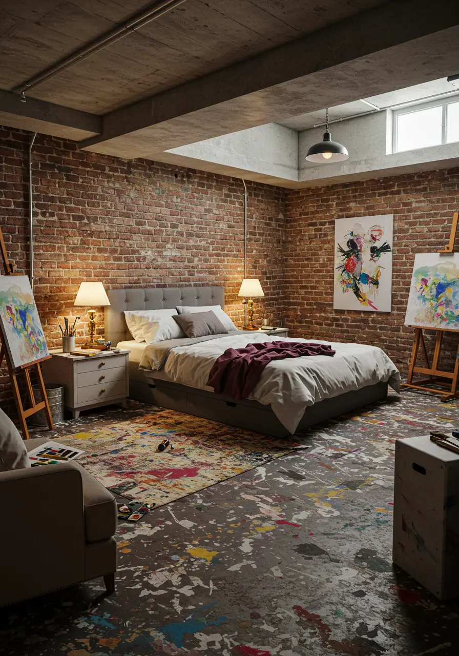 This design caters to creative individuals, transforming the basement into both a bedroom and art studio with inspiring elements that encourage creativity and self-expression.