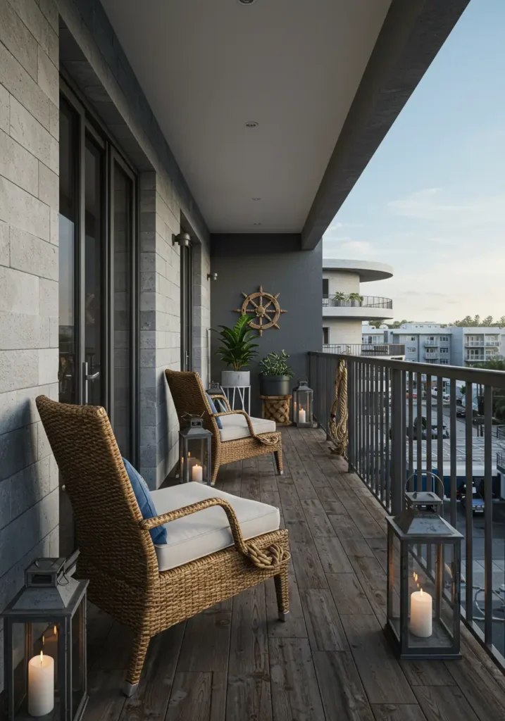 Celebrating seaside living and maritime traditions, this design brings ocean breezes and nautical charm to urban balcony spaces.