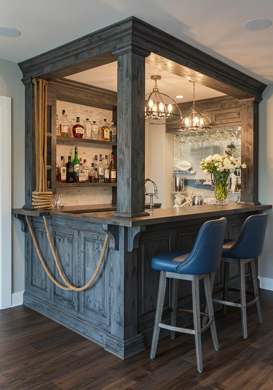 Bringing the relaxed atmosphere of a seaside tavern indoors with weathered woods, rope details, and ocean-inspired colors.