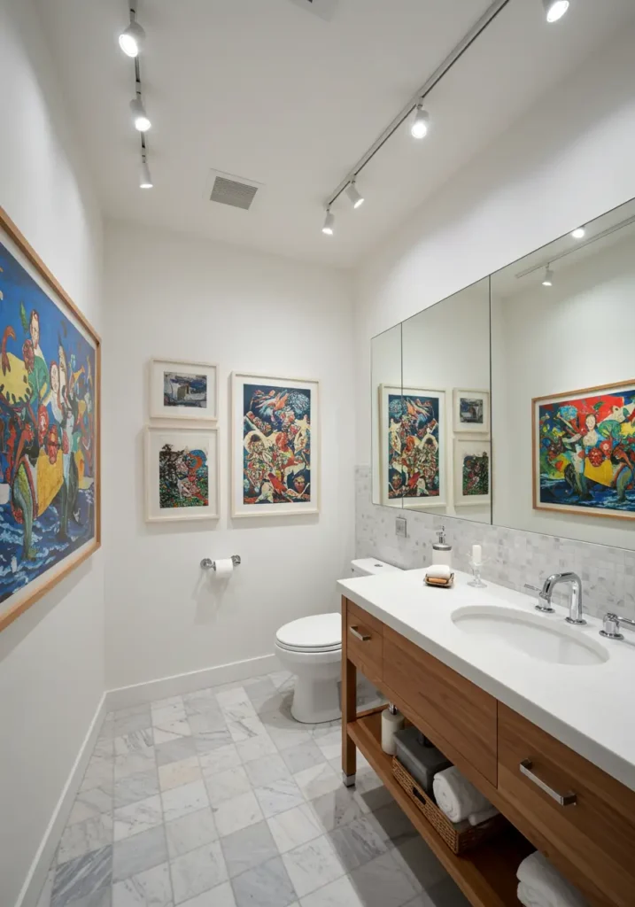 This concept treats the half bathroom as a mini art gallery, using strategic lighting and carefully curated artwork to create a sophisticated, museum-like atmosphere that showcases personal style and creativity.