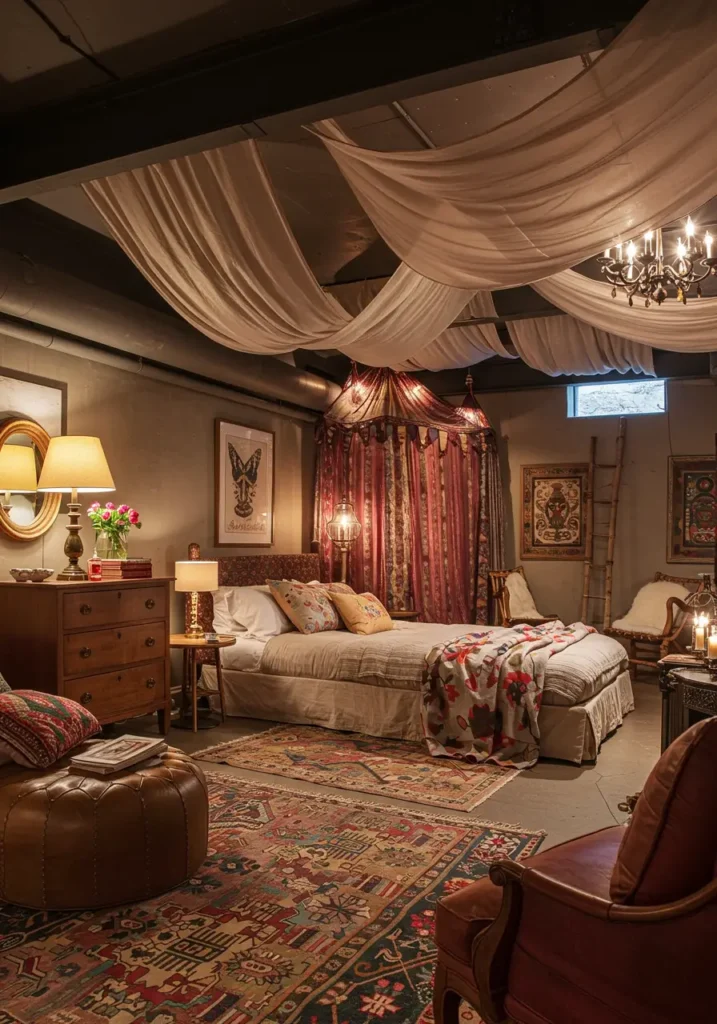 This innovative concept uses fabric panels to create a tent-like canopy effect that adds texture, color, and acoustic benefits to basement spaces. The design transforms utilitarian spaces into cozy, intimate retreats.