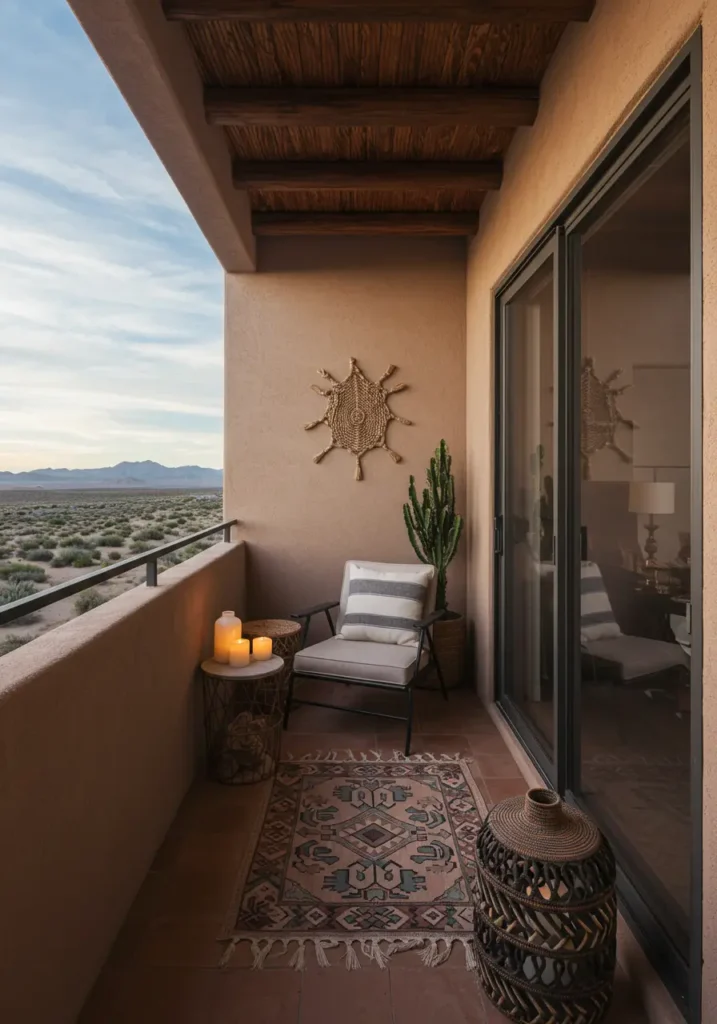 Capture the serene beauty of the American Southwest with this contemporary balcony design that celebrates desert landscapes through warm earth tones, sculptural plants, and natural materials.