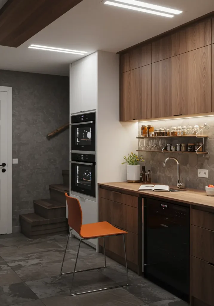 This basement kitchenette represents the future of home design with integrated smart technology, sustainable materials, and space-age aesthetics. Touch-sensitive surfaces, color-changing LED lighting, and voice-activated everything create a kitchen that responds to your needs before you realize them. Perfect for the tech enthusiast who wants to live in tomorrow.