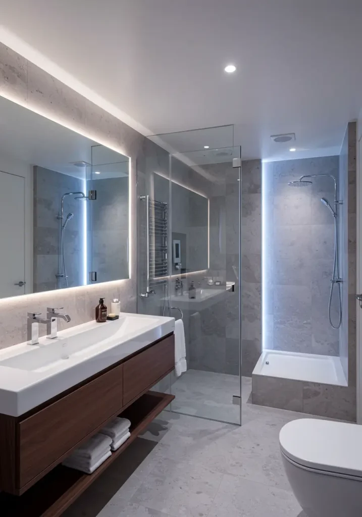 Looking toward the future of bathroom design, this space integrates cutting-edge technology with wellness-focused features to create a small bathroom that feels like a high-tech spa retreat.