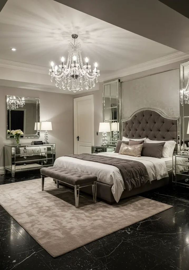 Channeling the glamorous excess of old Hollywood, this design creates a dramatic and luxurious basement suite with bold patterns, metallic accents, and theatrical flair.
