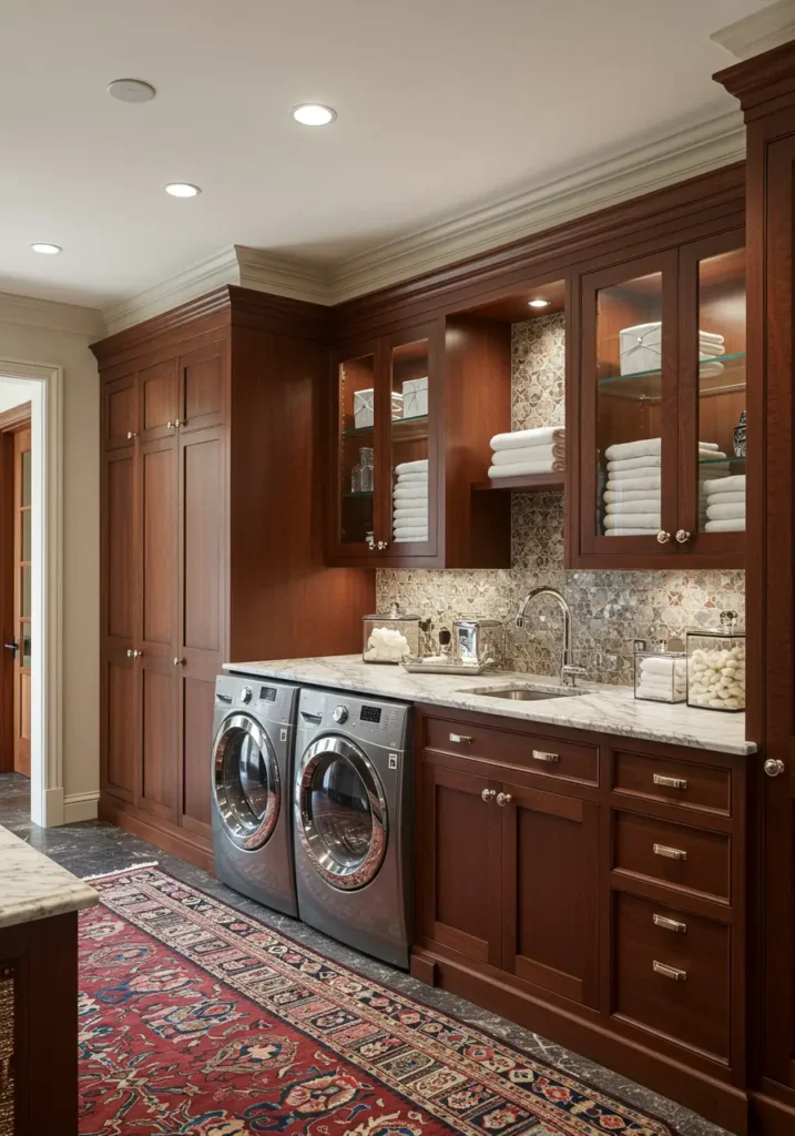 Celebrating the joy of collecting and displaying, this design transforms the basement laundry into a curated gallery space that showcases beautiful objects while providing comprehensive garment care facilities.