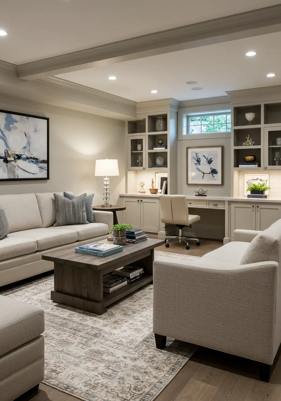 Designed for busy families who need versatile space, this concept creates a multi-functional area that can serve as playroom, homework station, entertainment center, and guest space with smart storage and flexible furniture solutions.