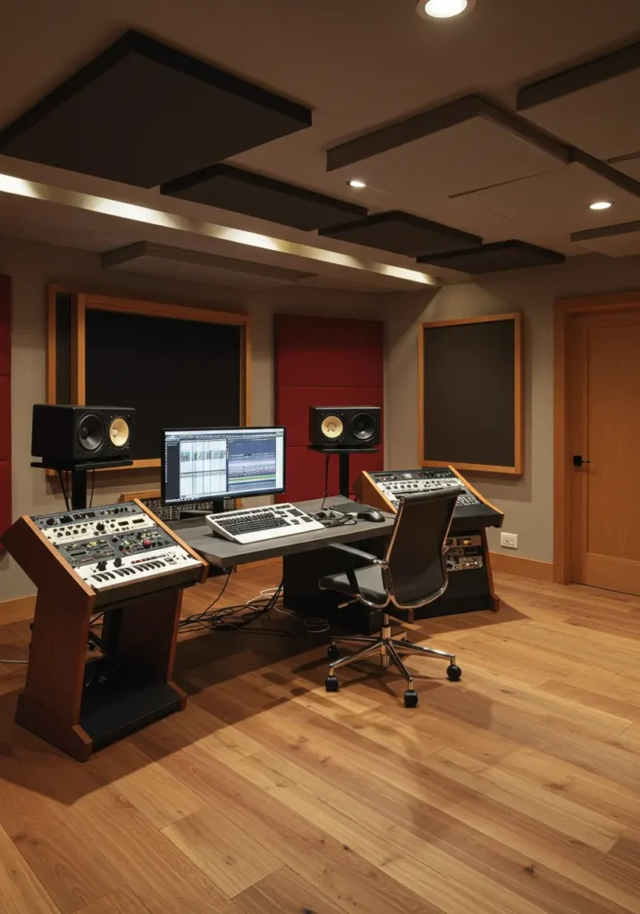 Combining professional recording capabilities with comfortable living space, this concept creates a basement studio perfect for musicians, producers, and audio enthusiasts.