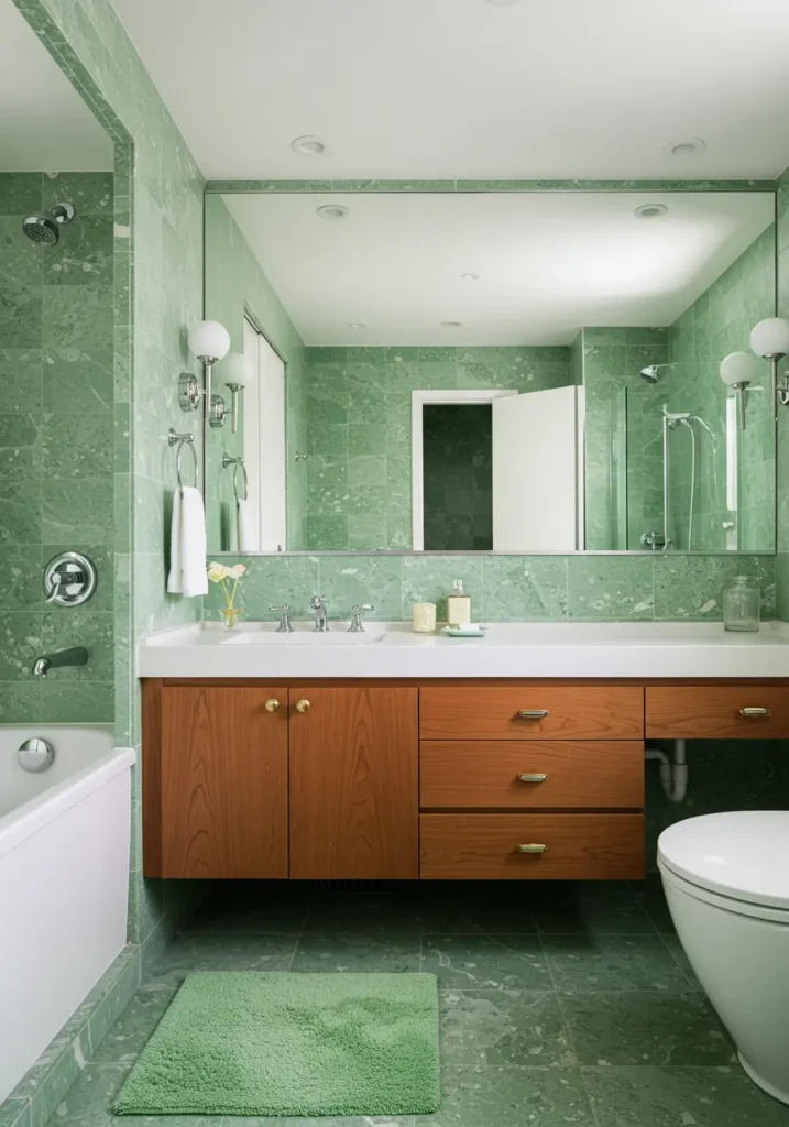 Channeling the glamorous resort culture of 1950s Palm Springs, this bathroom celebrates the optimistic design of the mid-century era. The mint green palette evokes vintage tile work while pink and gold accents add period-appropriate sophistication.