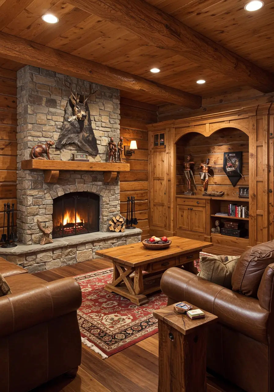 This rugged transformation brings the great outdoors inside, creating a masculine retreat that celebrates outdoor life and relaxation. The design incorporates natural materials and wilderness themes while maintaining modern comfort and entertainment capabilities.