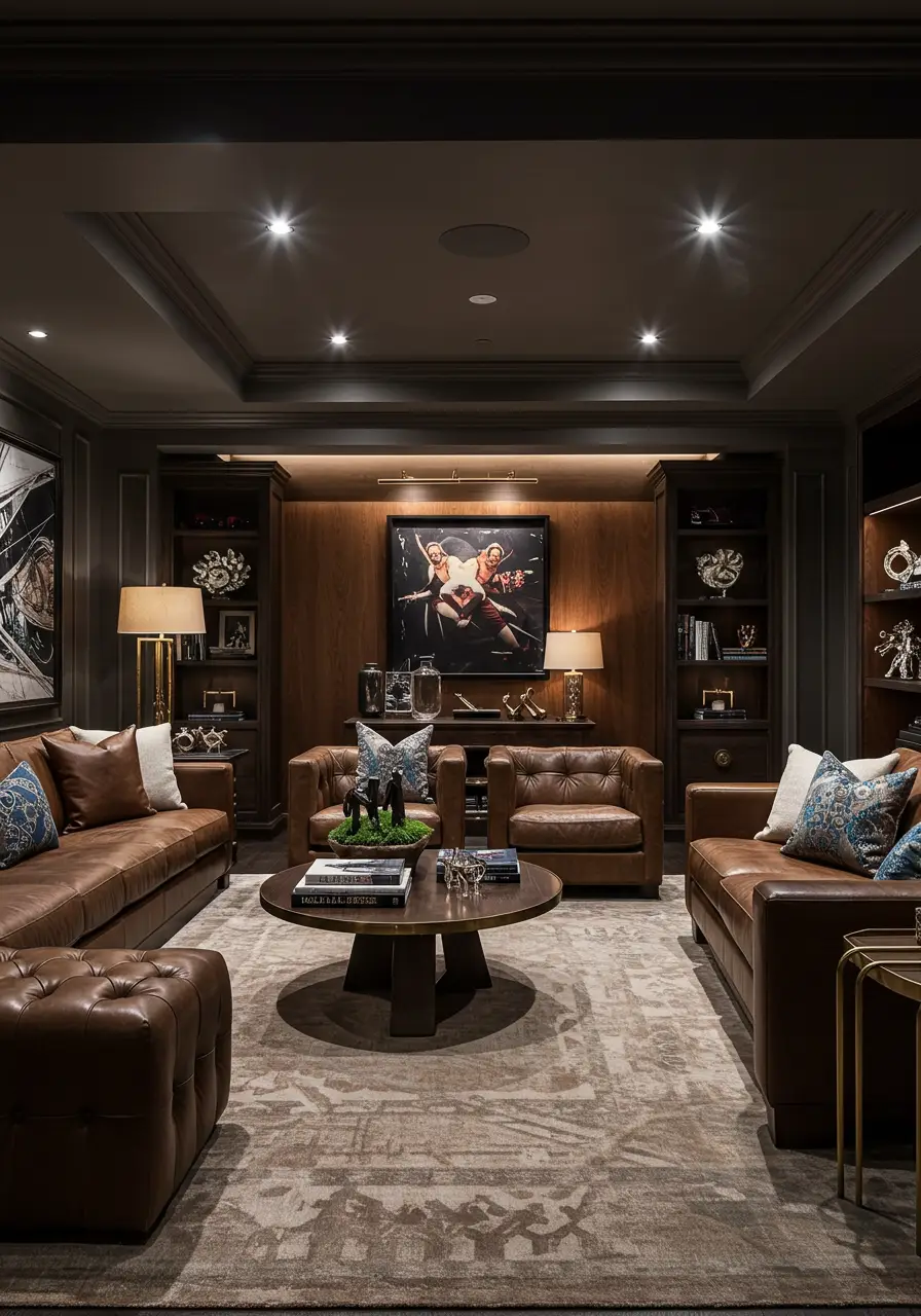 Crafted for the modern gentleman who appreciates classic style and quality craftsmanship, this basement concept combines traditional masculine elements with contemporary luxury to create a sophisticated retreat perfect for relaxation and entertainment.
