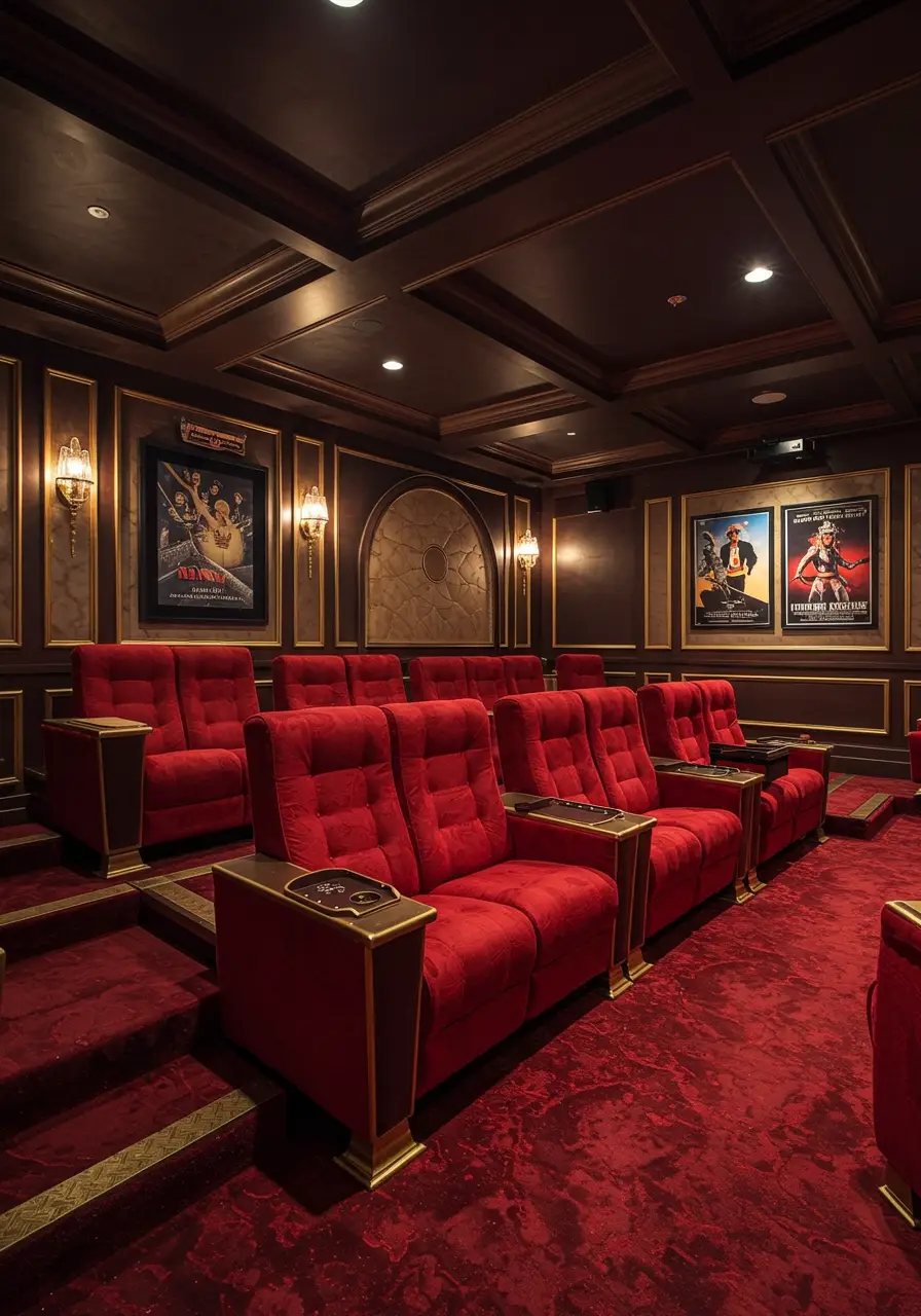 Recreating the golden age of cinema, this basement theater combines authentic vintage design elements with modern projection technology for the ultimate movie experience.