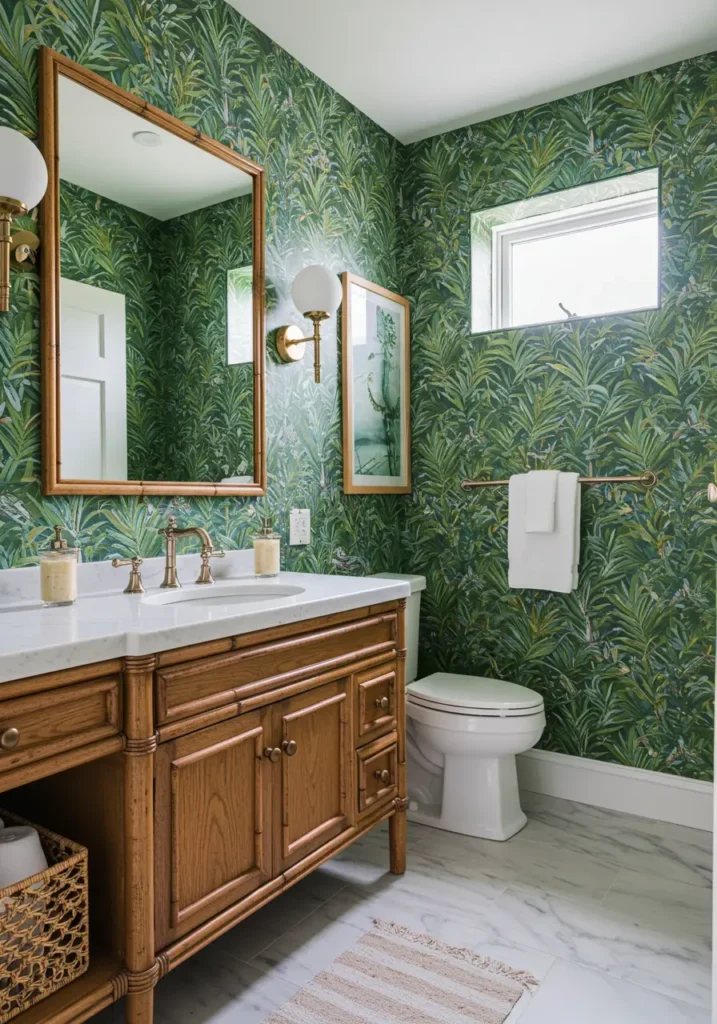 This design transforms the basement into a lush tropical getaway, using vibrant colors, natural materials, and exotic patterns to create an immersive paradise experience. The concept brings vacation vibes to everyday routines through carefully curated tropical elements.
