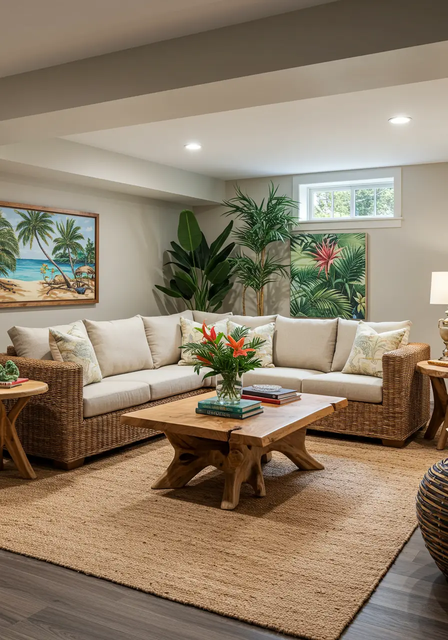 Bring the warmth and relaxation of a tropical island to your basement with lush plants, natural materials, and vibrant colors. This design creates an exotic escape perfect for families who want to feel like they're on vacation year-round.