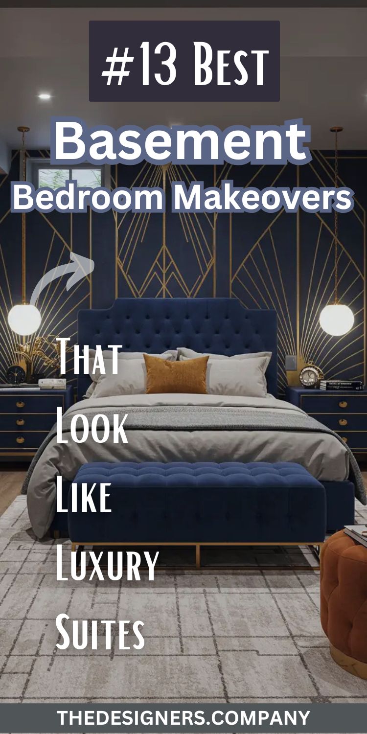 Image showcases a luxurious basement bedroom makeover with deep navy blue and gold art deco wall design, tufted velvet bed, modern pendant lights, and stylish furnishings. Bold white text reads "13 Best Basement Bedroom Makeovers That Look Like Luxury Suites" over the image. The style emphasizes glamour and elegance, transforming a basement space into a high-end hotel-like suite. Brand link “thedesigners.company” appears at the bottom for more inspiration.