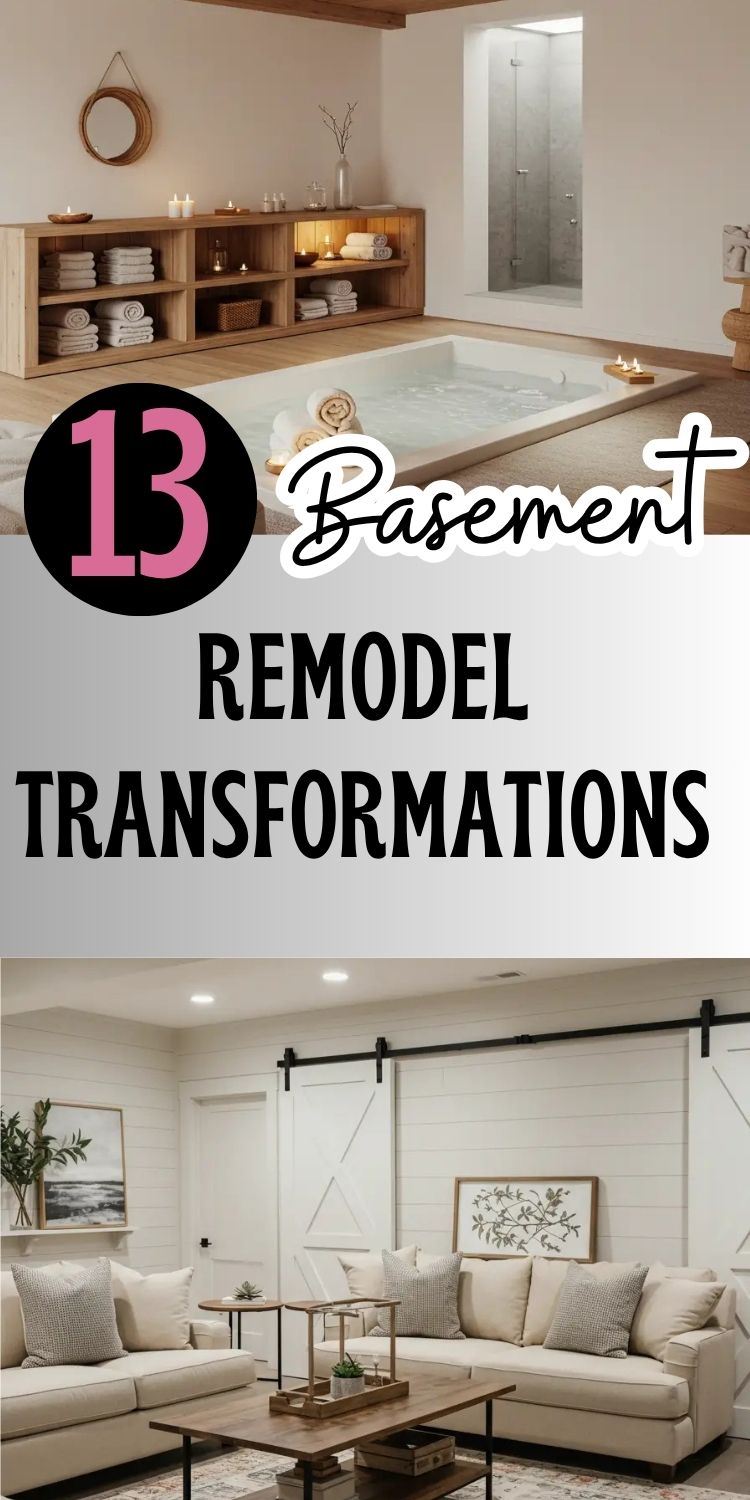 Pinterest image features a graphic titled "13 Basement Remodel Transformations" in bold black and pink fonts. The top half shows a luxurious spa-inspired basement with a sunken soaking tub, wooden shelves filled with rolled towels, candles, and a rainfall shower. The bottom half highlights a modern farmhouse-style basement family room with white shiplap walls, barn doors, neutral-toned sofas, a wooden coffee table, and minimalist decor. The overall design theme showcases relaxing and stylish basement remodel ideas that blend comfort with modern aesthetics.