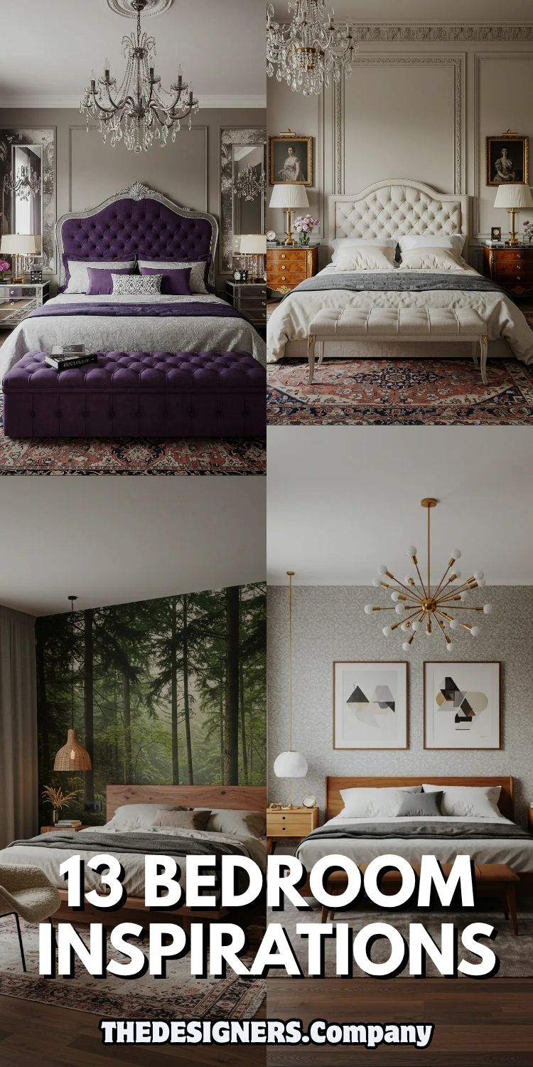 Image showcases four stylish bedroom design ideas from a collage titled "13 Bedroom Inspirations." Top two rooms feature Parisian-inspired luxury with tufted velvet headboards, antique frames, chandeliers, and ornate panel walls. Bottom two rooms display modern Scandinavian and minimalist styles with forest-themed wallpaper, clean wood furniture, mid-century light fixtures, and earthy tones. The overall theme blends elegance and comfort across various interior aesthetics. The text “13 BEDROOM INSPIRATIONS” is centered in bold white font, with “THEDESIGNERS.Company” logo below.