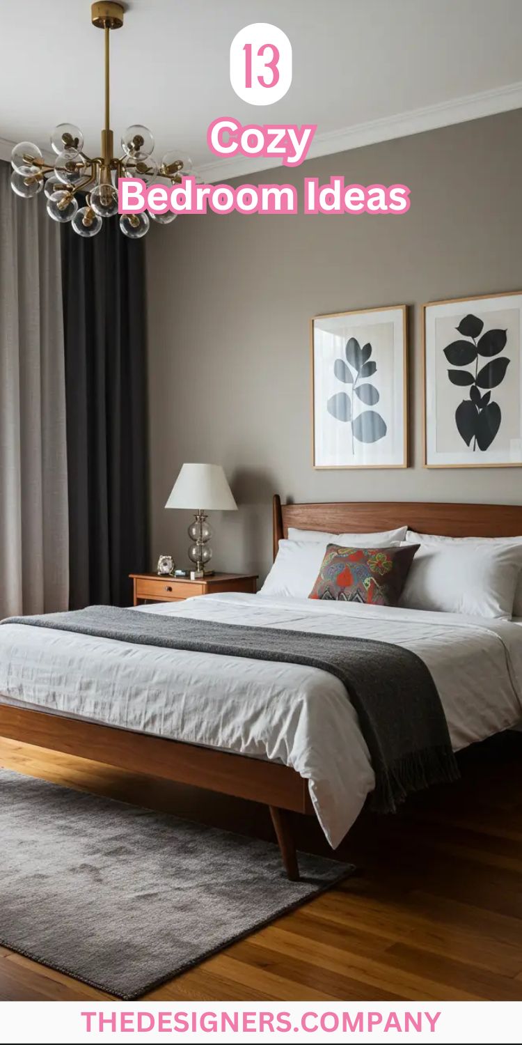 Image showcases a modern cozy bedroom design with a warm, earthy color palette. Featuring natural textures like a wood bed frame, soft grey rug, and neutral walls, the room is complemented by stylish artwork and a statement chandelier. The cozy atmosphere is enhanced by the comfortable bedding, making this space perfect for relaxation and sleep. Bold, modern fonts reading "13 Cozy Bedroom Ideas" add a playful touch to the serene, minimalist design. Ideal for creating a tranquil bedroom environment.