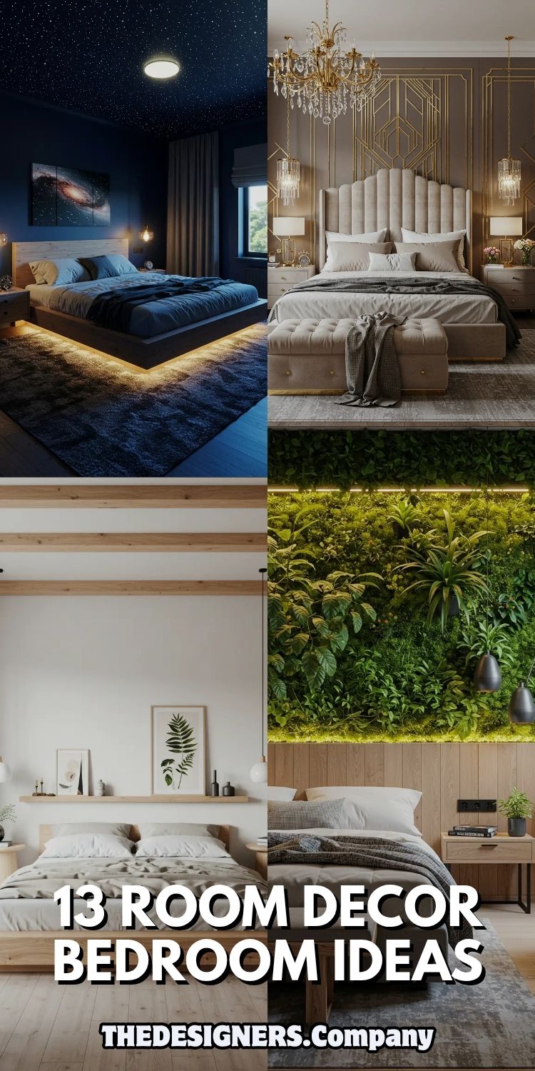 Image features a mix of stunning bedroom decor ideas, each with its own unique style. The text "13 Room Decor Bedroom Ideas" is prominently displayed, highlighting designs such as celestial-inspired lighting, bohemian touches, and lush green walls. The styles range from modern minimalist to eclectic maximalist, ensuring every design caters to different tastes. The overall theme showcases elegant, comfortable, and nature-infused bedrooms, perfect for a stylish transformation.