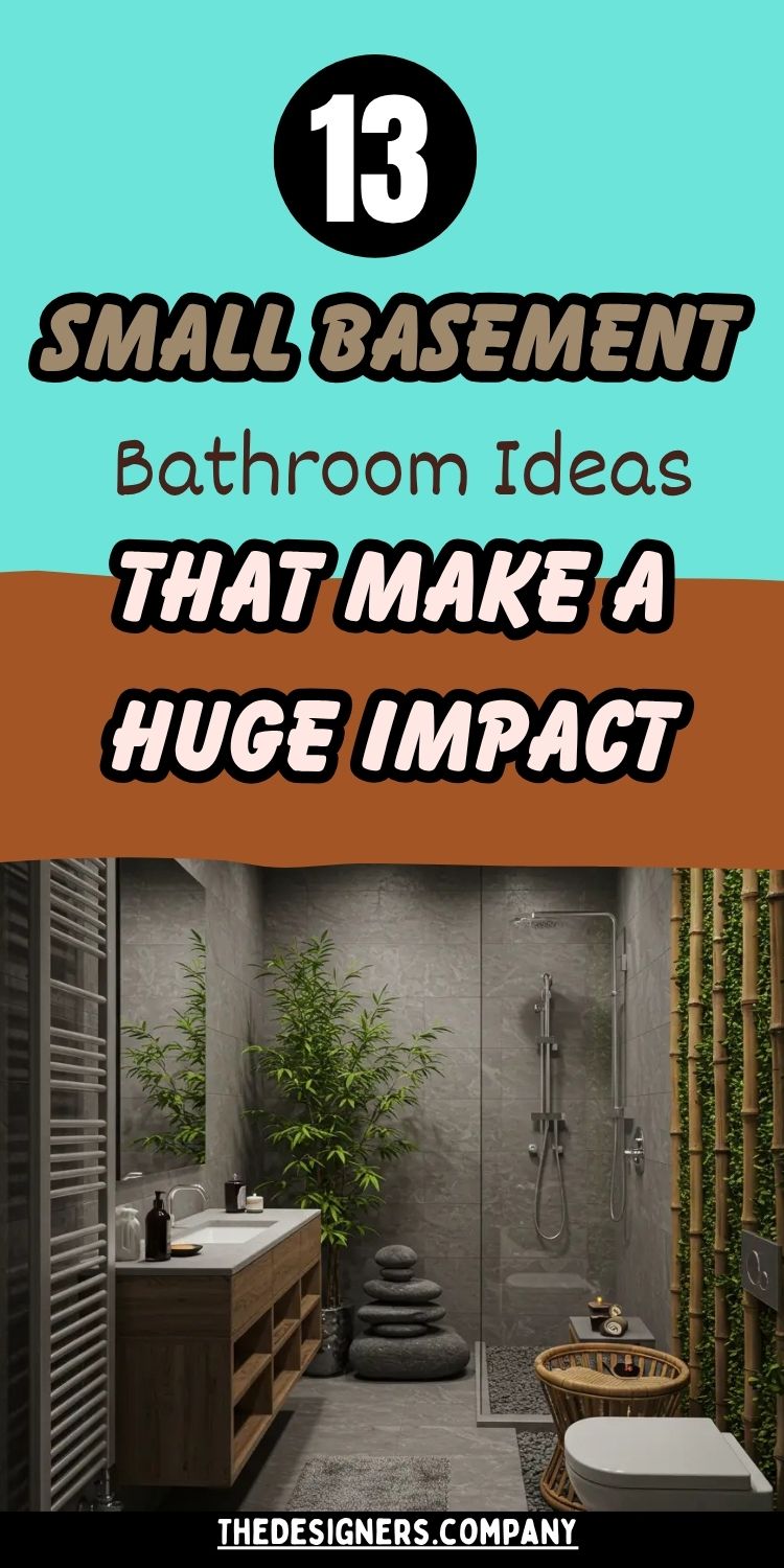graphic featuring the text "13 Small Basement Bathroom Ideas That Make a Huge Impact" in bold black and beige typography on a turquoise and brown background. The lower half showcases a modern, zen-inspired basement bathroom with natural bamboo accents, stone elements, a floating wooden vanity, gray tiles, and spa-like shower space. The overall theme is minimalist, calming, and designed to maximize style in a small space. Website credit shown: thedesigners.company.
