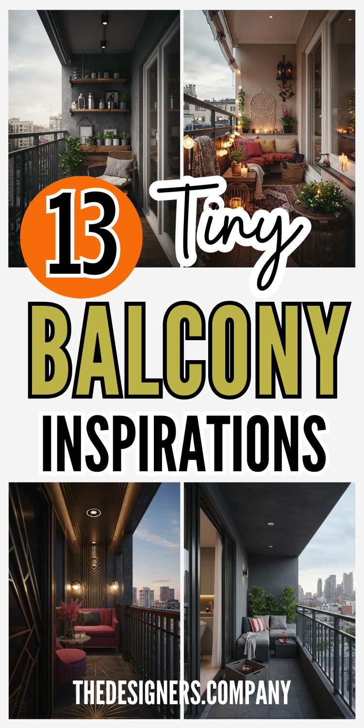 Four stylish tiny balcony design examples showcasing different aesthetic approaches. Top left features dark modern balcony with wooden shelving, plants, and city views. Top right shows cozy bohemian-style balcony with warm lighting, layered textiles, wicker furniture, and abundant pillows. Bottom left displays luxurious Art Deco-inspired balcony with rich burgundy seating, geometric patterns, and golden lighting. Bottom right presents sleek contemporary balcony with gray sectional, clean lines, and urban skyline backdrop. Bold text reads "13 Tiny Balcony Inspirations" emphasizing small space transformation ideas.