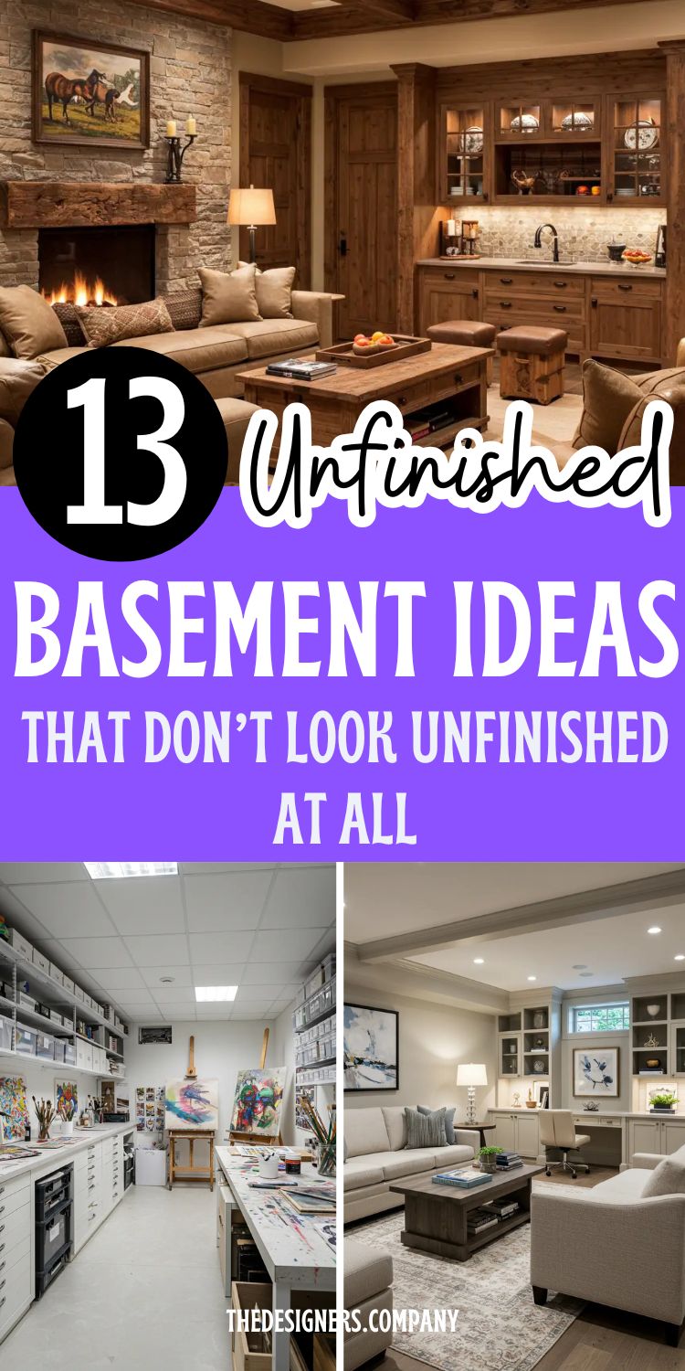 image titled "13 Unfinished Basement Ideas That Don’t Look Unfinished at All." Top section shows a rustic-style basement with stone fireplace, wood paneling, and cozy seating. Bottom left features a bright, organized artist studio with shelves and easels. Bottom right displays a stylish, neutral-toned family lounge with built-in shelving and soft lighting. The theme focuses on transforming unfinished basements into practical, inviting living spaces.