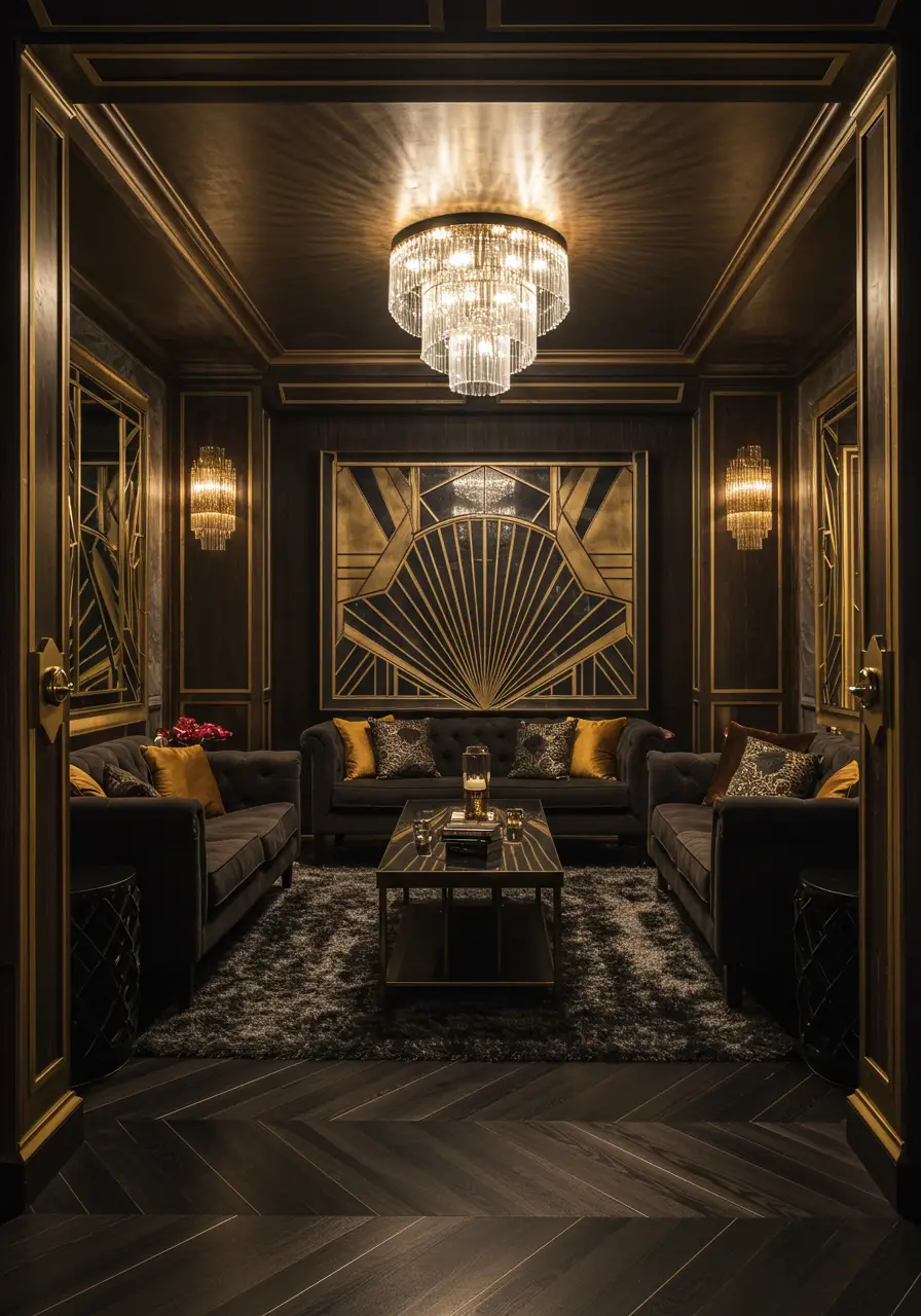 This glamorous transformation captures the elegance and mystery of 1920s speakeasies with sophisticated Art Deco styling. The design combines luxury materials, geometric patterns, and dramatic lighting to create an upscale cocktail experience.
