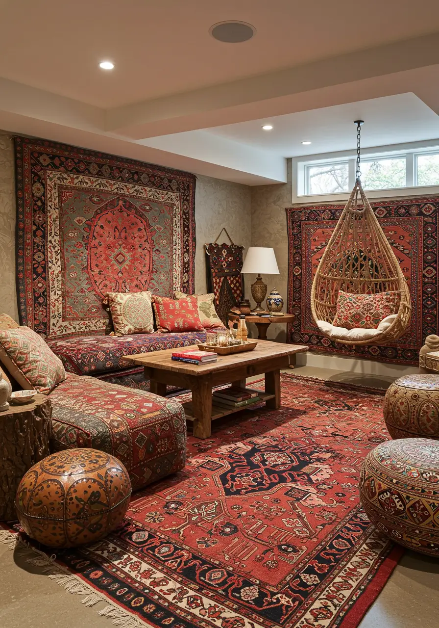 Embracing eclectic style and global influences, this concept creates a relaxed, artistic space perfect for creative pursuits, intimate gatherings, and personal expression through rich textures, vibrant colors, and collected treasures.