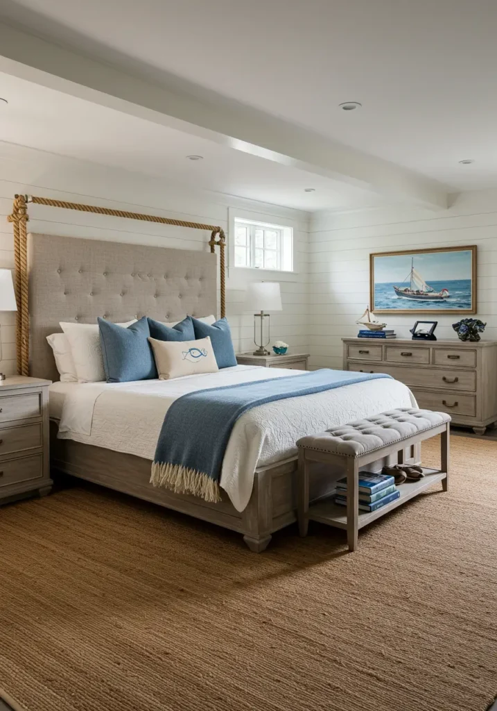 Bringing the serene elegance of high-end coastal resorts to the basement, this design features soft colors, natural textures, and sophisticated nautical elements.