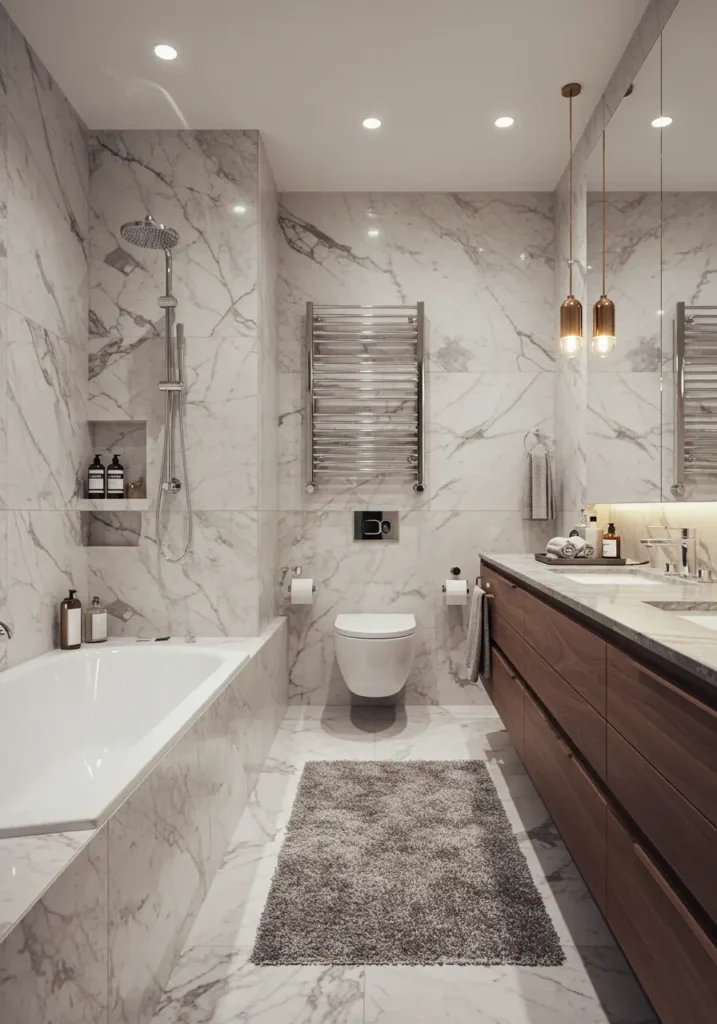 This design creates the ultimate luxury spa experience in a compact basement setting, using premium materials, sophisticated lighting, and high-end fixtures to deliver five-star hotel quality. The concept emphasizes indulgence and relaxation through meticulous attention to detail.