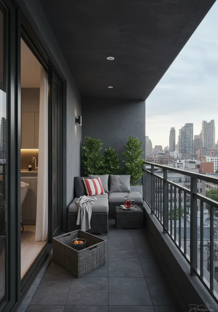 Embrace the energy of city life with this sleek, modern balcony design that celebrates urban living through contemporary materials, bold colors, and sophisticated styling perfect for entertaining.
