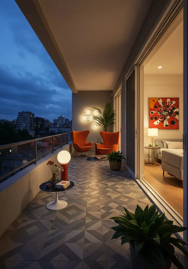 Celebrating the optimistic design era of the 1950s and 60s, this balcony captures the clean lines and vibrant colors of mid-century modern aesthetics.