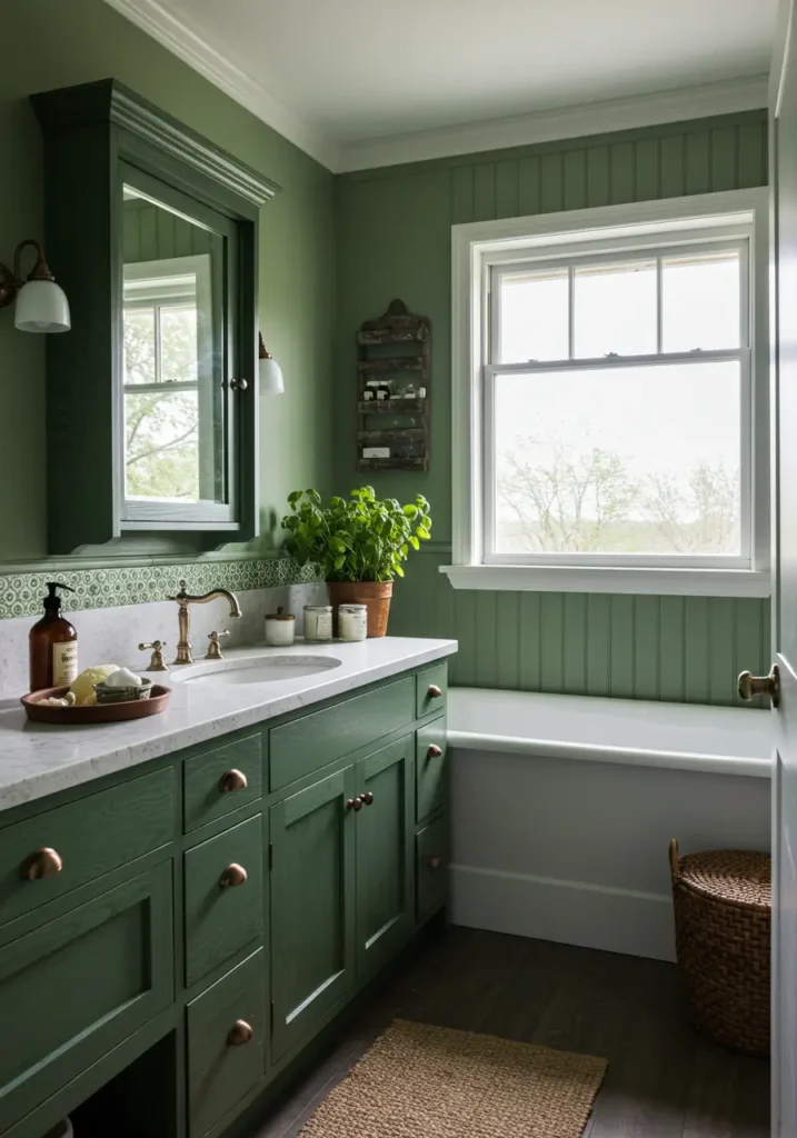 Evoking the practical beauty of country farmhouses where herbs were grown and preserved, this bathroom combines rustic charm with functional design. The soft green palette reflects the gentle colors of dried herbs and garden vegetables.