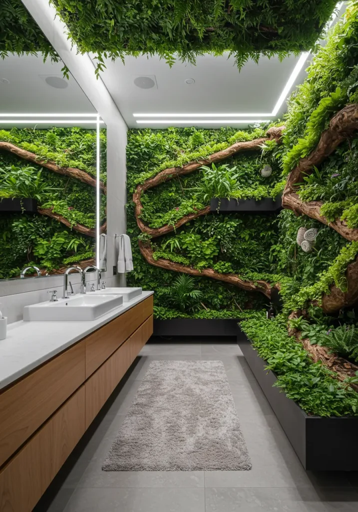 This concept brings the peaceful atmosphere of a forest floor indoors through suspended plantings and natural materials that create a multi-level ecosystem within the bathroom space.