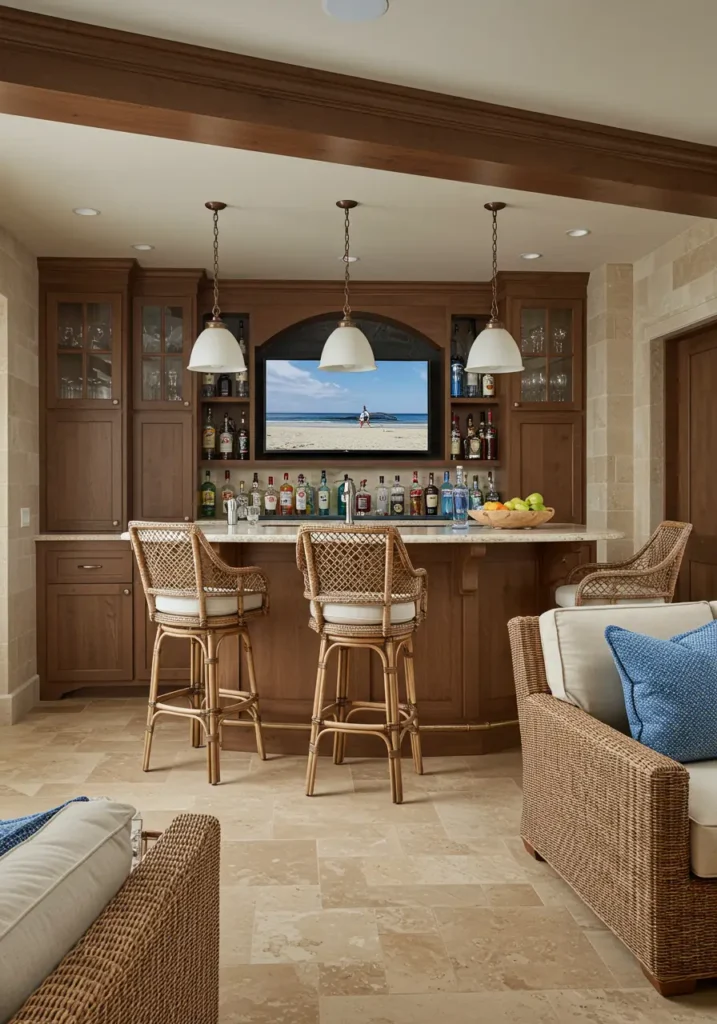 Bring the relaxed elegance of Mediterranean coastal living to your basement with natural textures and ocean-inspired colors.