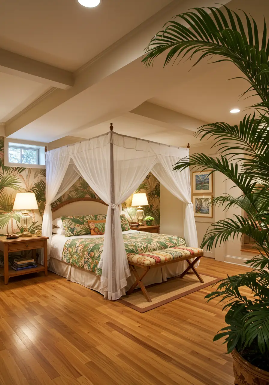 This design brings vacation vibes year-round by creating a tropical paradise in the basement, complete with lush plants and beach-inspired elements that transport you to warmer climates.