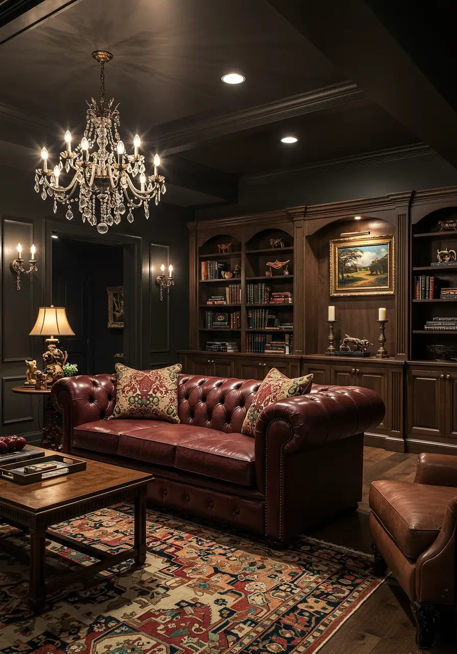 Create a sophisticated library atmosphere with rich dark woods, leather furniture, and gothic architectural details. This design appeals to families who appreciate classic literature, intellectual pursuits, and the romantic mystery of Victorian-era design.