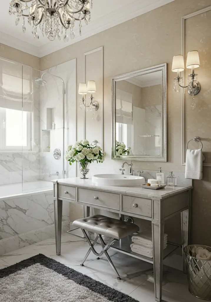 Channeling the golden age of Hollywood and starlet dressing rooms, this bathroom celebrates vintage glamour with modern functionality. The design evokes the sophistication of classic cinema and timeless beauty rituals.