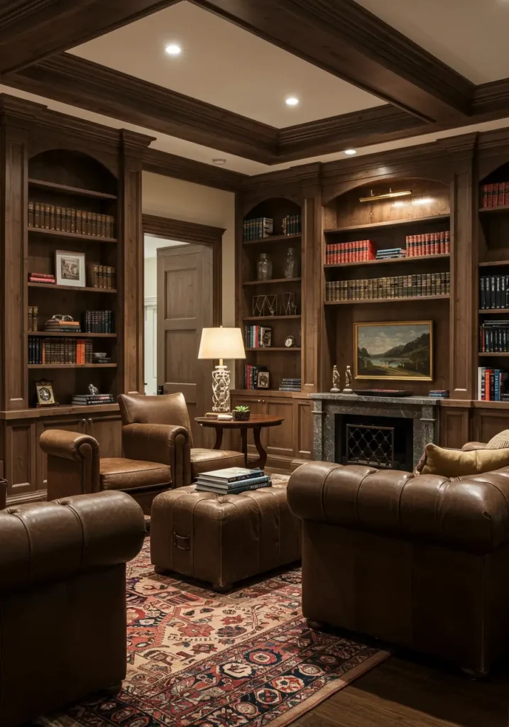 Evoking the grandeur of classic libraries and gentleman's clubs, this concept creates a sophisticated basement reading room with rich materials and timeless elegance.