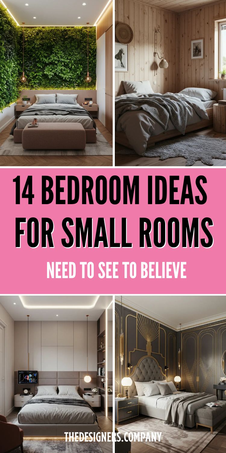 Image showcasing "14 Bedroom Ideas for Small Rooms - Need to See to Believe" with four bedroom images. Top left features modern bedroom with living green wall and warm lighting. Top right shows Scandinavian-style bedroom with natural wood paneling and cozy textiles. Bottom left displays contemporary bedroom with built-in storage and neutral tones. Bottom right presents luxurious Art Deco bedroom with geometric gold patterns and elegant lighting. Pink banner highlights the main title.