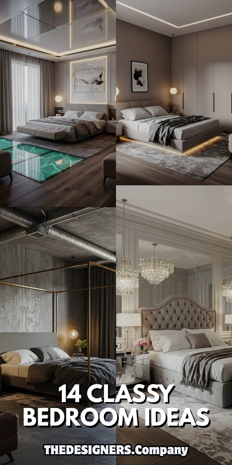 Collage of four elegant bedroom designs featuring "14 Classy Bedroom Ideas" text overlay. Top left shows modern bedroom with glass floor panel, neutral tones, platform bed. Top right displays contemporary space with floating bed, under-bed lighting, minimalist aesthetic. Bottom left features industrial-style bedroom with brass four-poster bed, concrete walls, moody lighting. Bottom right showcases classic luxury bedroom with tufted headboard, crystal chandeliers, ornate moldings, mirrored nightstands. All designs emphasize sophisticated color palettes and premium finishes.