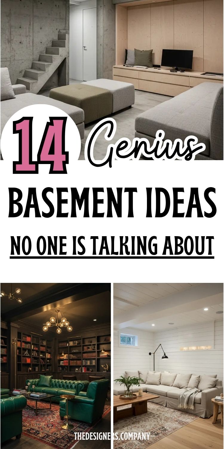 Image features a Pinterest graphic titled "14 Genius Basement Ideas No One Is Talking About." The top half includes a modern, minimalist basement with concrete walls and cozy gray seating. The bottom half shows two basement styles: one with a luxurious dark library featuring emerald green leather couches and gold lighting, the other with a light, airy Scandinavian-style basement with white shiplap walls, a beige sofa, and wood accents. The overall theme highlights unique, stylish, and creative basement transformation ideas, ranging from cozy to elegant and functional designs. Text is bold, with a mix of playful and strong fonts, and the branding "The Designers Company" appears at the bottom.