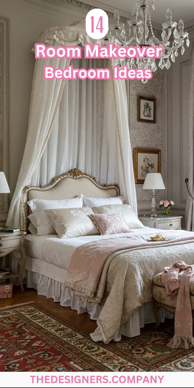Elegant bedroom makeover featuring ornate gold-framed bed with white ceiling canopy, crystal chandelier, damask wallpaper in soft gray tones, white nightstands, botanical artwork, and luxurious layered bedding in cream and blush. Text overlay reads "14 Room Makeover Bedroom Ideas" in pink. Classic French-inspired design with romantic, sophisticated styling perfect for master bedroom transformation ideas.