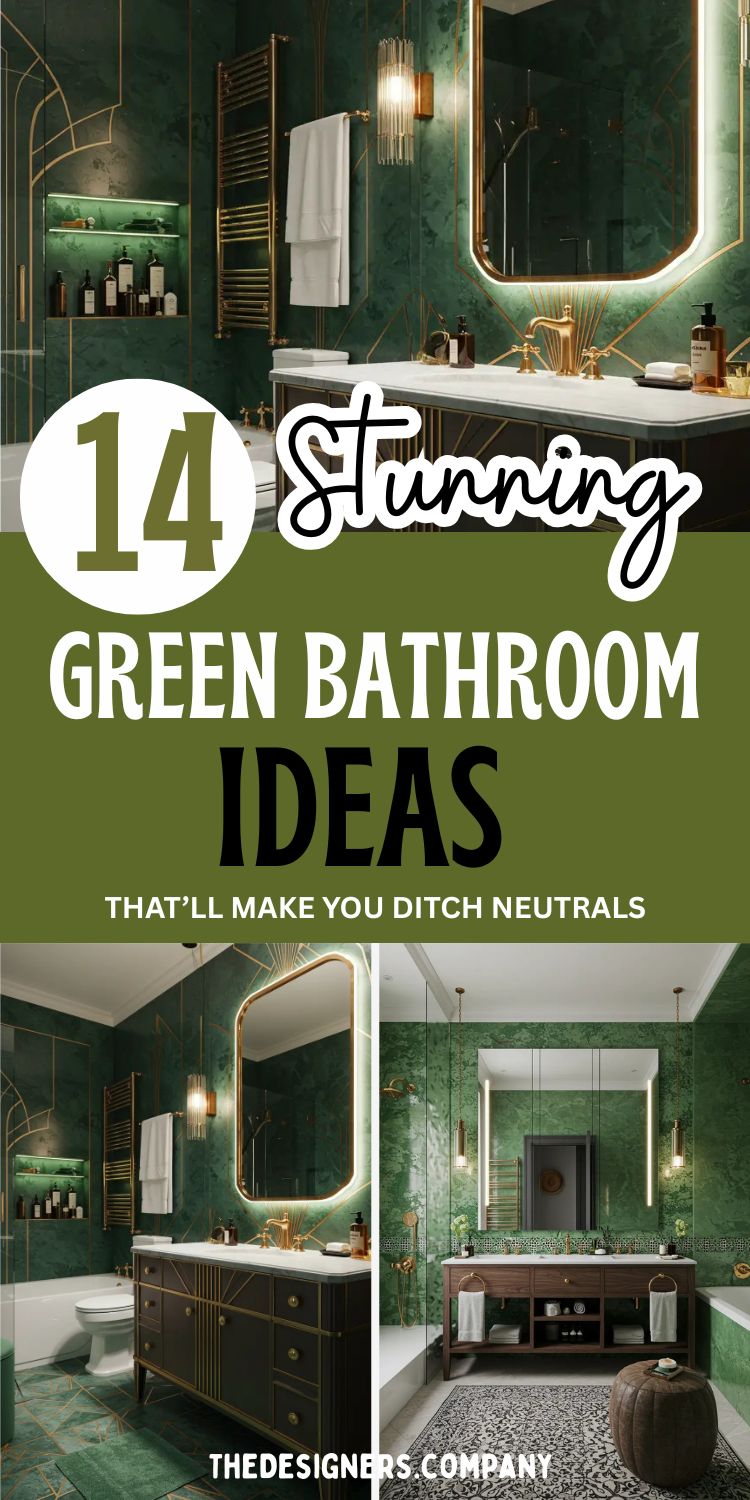 image featuring 14 stunning green bathroom ideas with bold white and green typography over luxurious bathroom photos. The designs showcase deep emerald and moss green tones, gold fixtures, modern mirrors with LED lighting, and a mix of art deco and contemporary styles. Layout includes a dark wood vanity, tiled flooring, cozy lighting, and lush green walls. The theme emphasizes dramatic elegance, rich color, and unique style inspiration for bathroom makeovers.