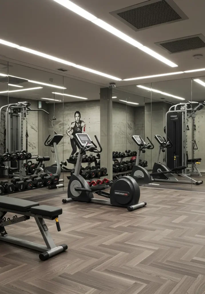 Combining high-performance fitness equipment with spa-like wellness elements, this concept creates a basement sanctuary for physical and mental health.