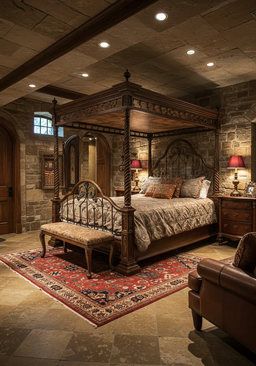 This design embraces dramatic gothic aesthetics with romantic elements, creating a basement bedroom that feels like a sophisticated vampire's lair with luxury and mystery.